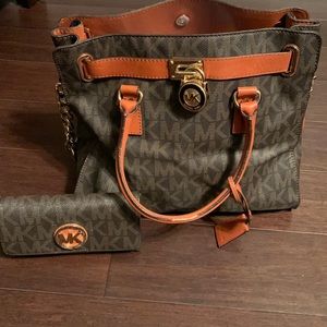 Tan and brown Michael Kors bag with wallet